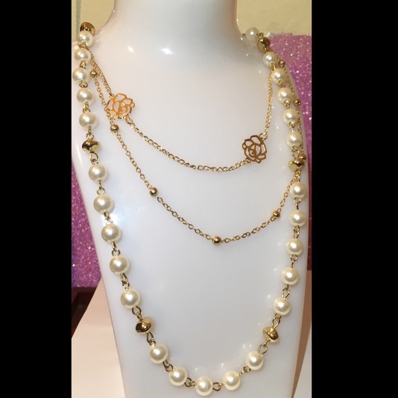 Multi Strand Rose Gold Lotus Flower Chain & Pearl 3 Row Waterfall Necklace - Picture 5 of 5